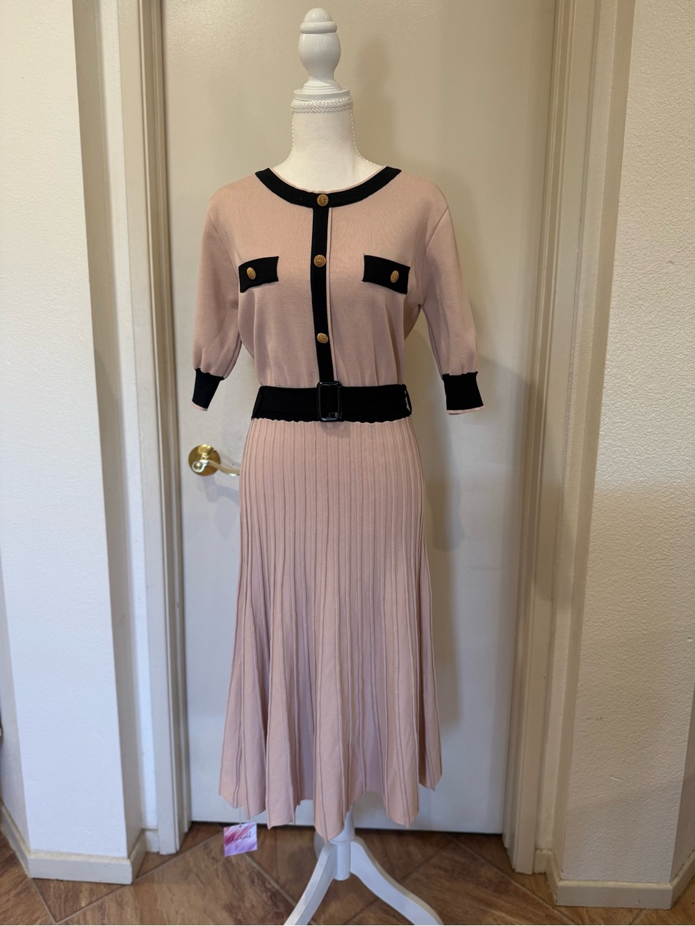 Chicwish Nude Pink Sweater Midi Dress with Black Trim & Gold Buttons NWTS